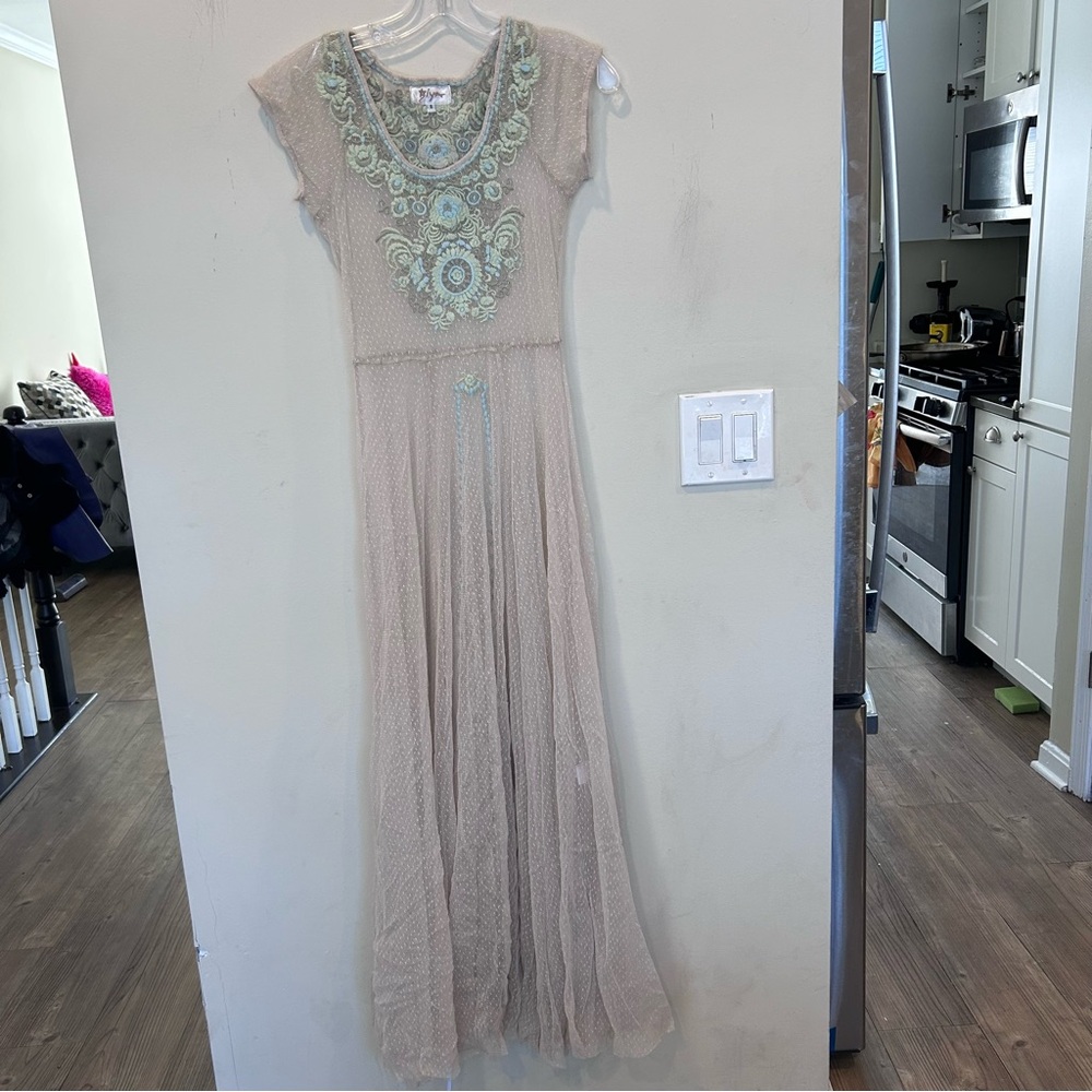 Biya Johnny Was Bohemian sheer Sundress Embroidered Floral Dress.  Size Small